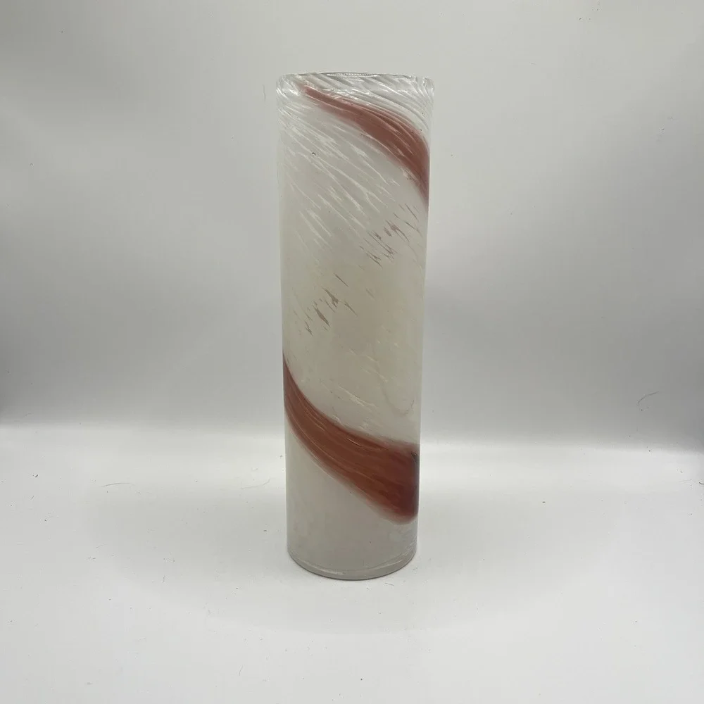 Hand Blown Murano Style Glass Cylinder Vase White Burgundy Swirl 12 Inch